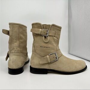 ❌SOLD❌ 🥾Belstaff Moto Engineer Beige Suede Nubuck Silver Buckle Strap Boots 7.5